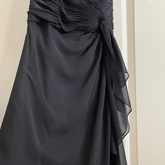 David’s Bridal V-Neck Black Halter Maxi dress with pleated and ruffle detail. - Picture 5 of 12